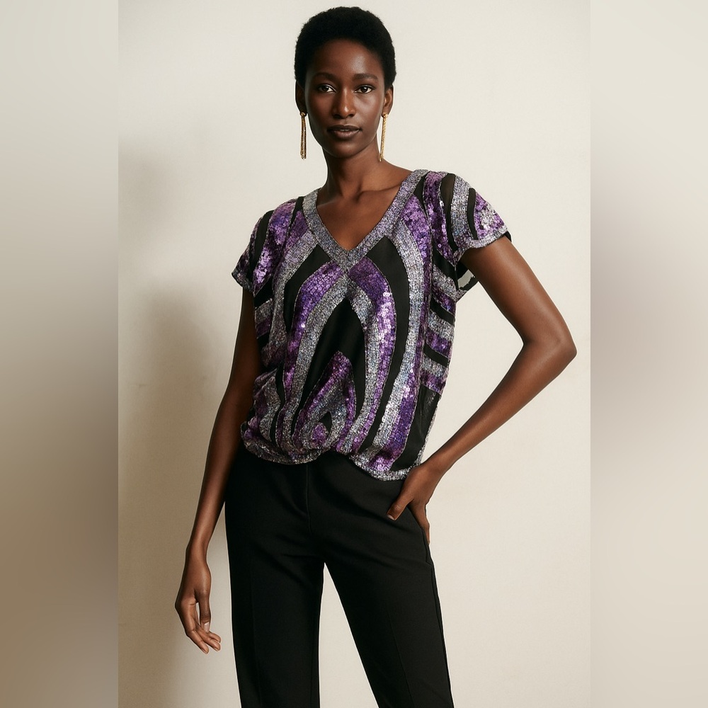 Purple Sequin Art Deco Top 80s Disco Glam Party Blouse Statement Sparkle Shirt